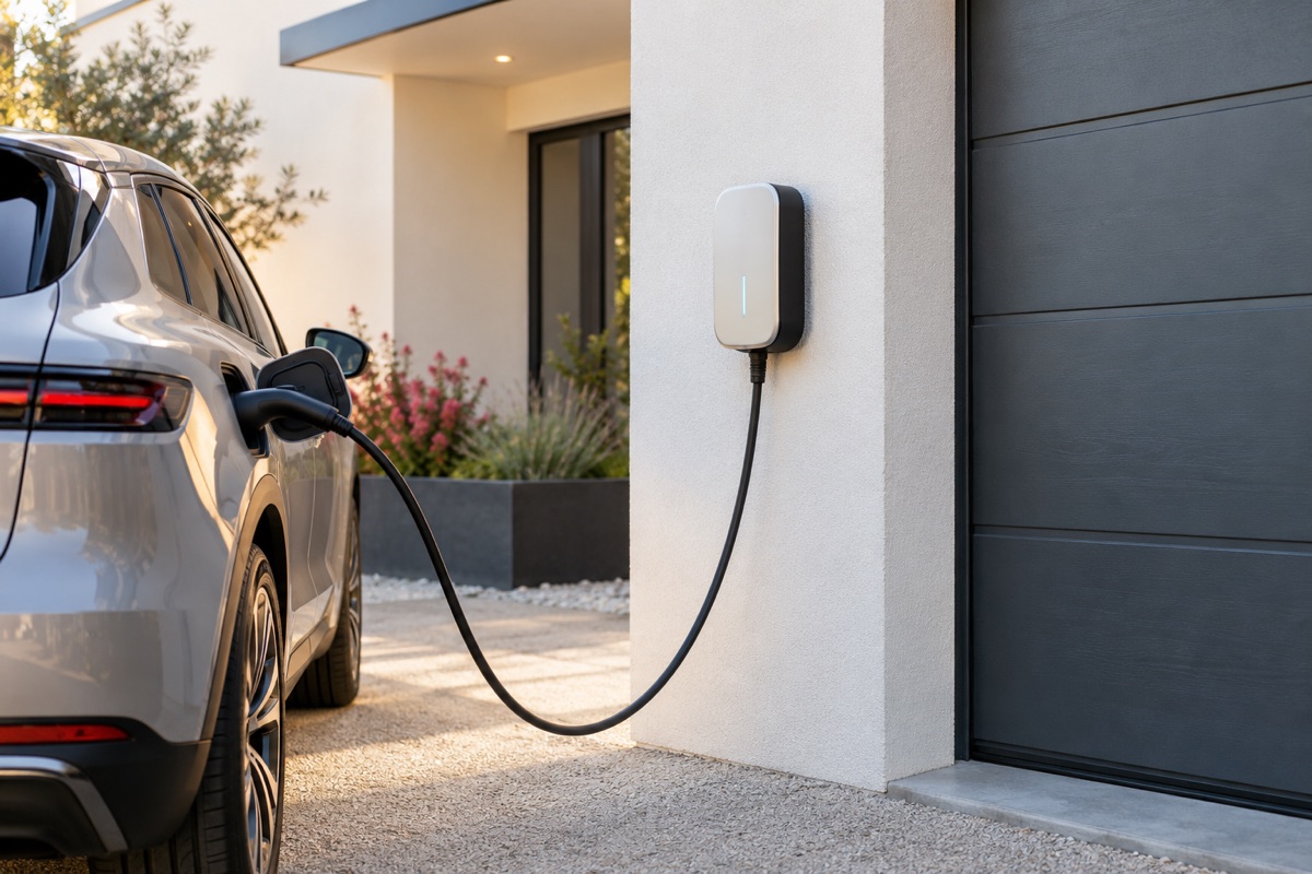 Voiture électrique reliée à une borne de recharge murale.