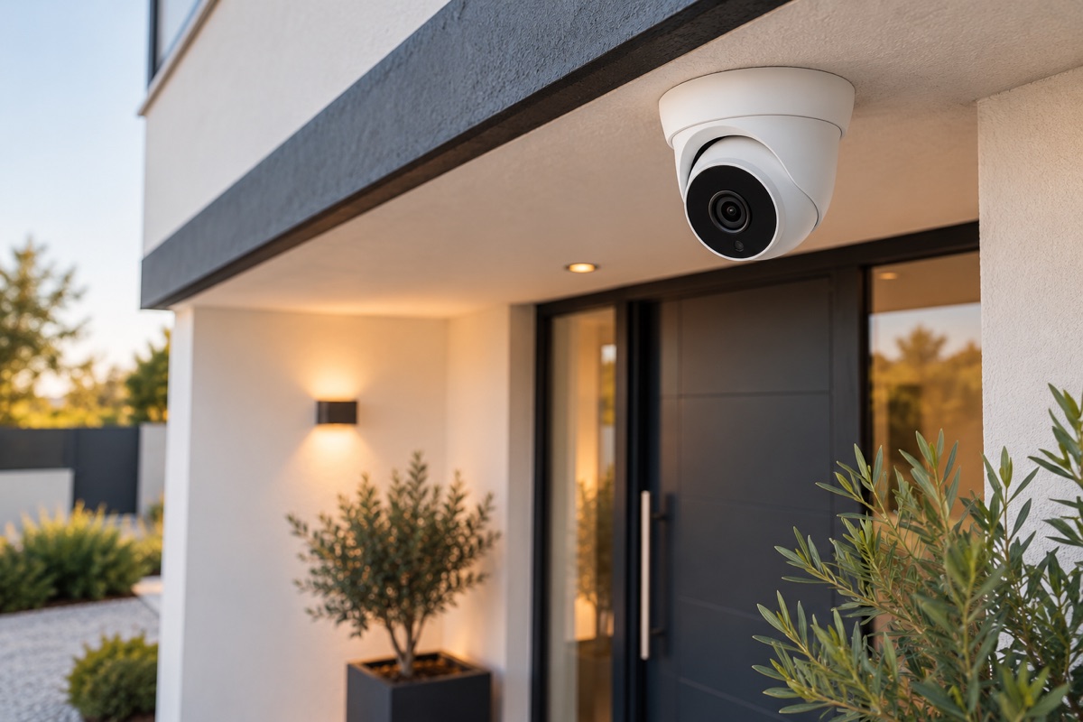 Caméra de surveillance installée sous une avancée de toit.